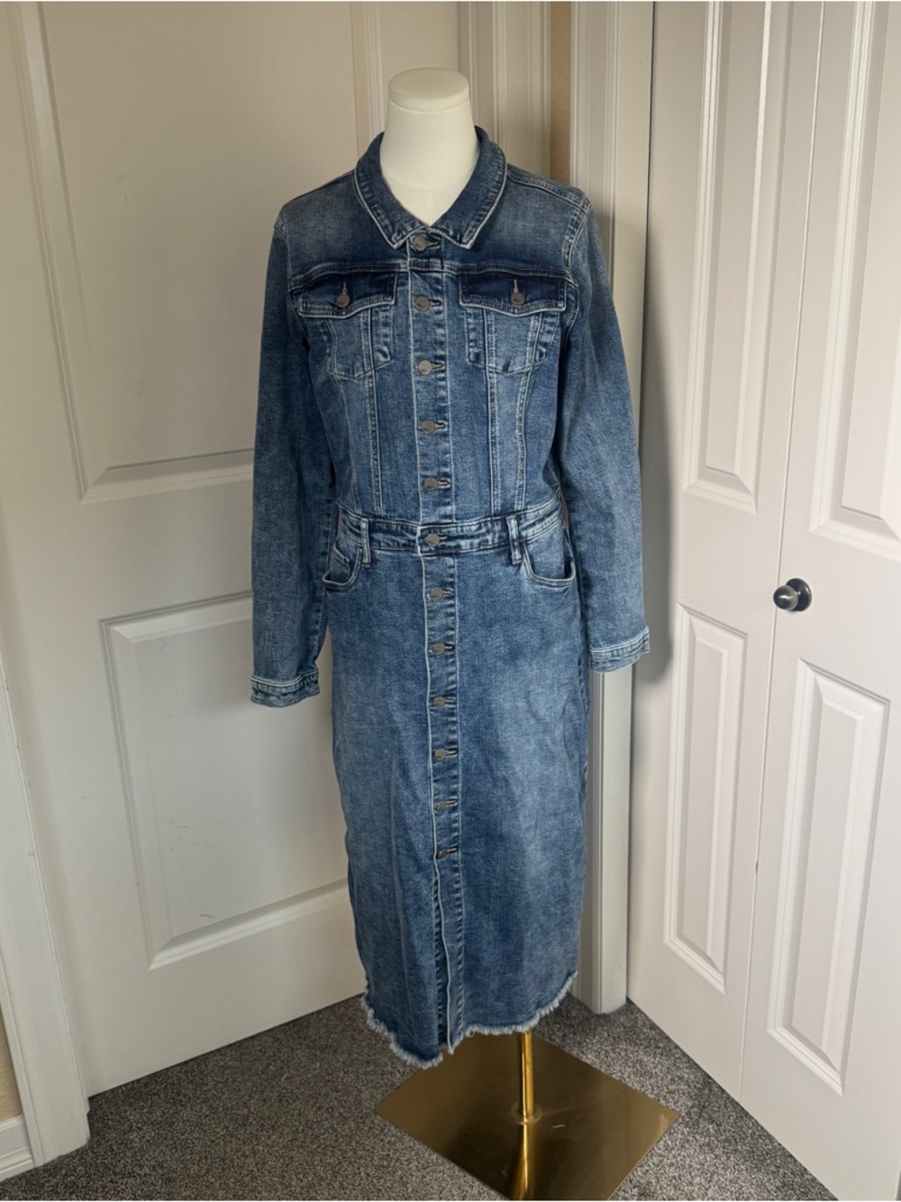 Wash Lab Denim Midi Dress Button Front Long Sleeve Jean Dress Size M - Picture 2 of 12